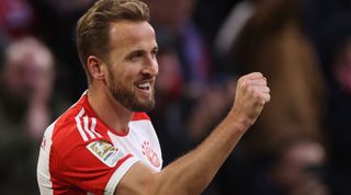MUNICH, GERMANY - NOVEMBER 11: Harry Kane of Bayern Munich celebrates after scoring the team's second goal during the Bundesliga match between FC Bayern München and 1. FC Heidenheim 1846 at Allianz Arena on November 11, 2023 in Munich, Germany. (Photo by Alexander Hassenstein/Getty Images)