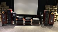 Rotel Michi Prestige range electronics on a hi-fi rack in a listening room next to various speakers