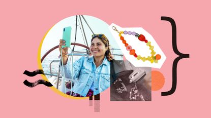 Photo collage of a woman with a phone in a case with a lanyard, a phone charm by Tarina Tarantino, and a retro style flip phone with charms attached