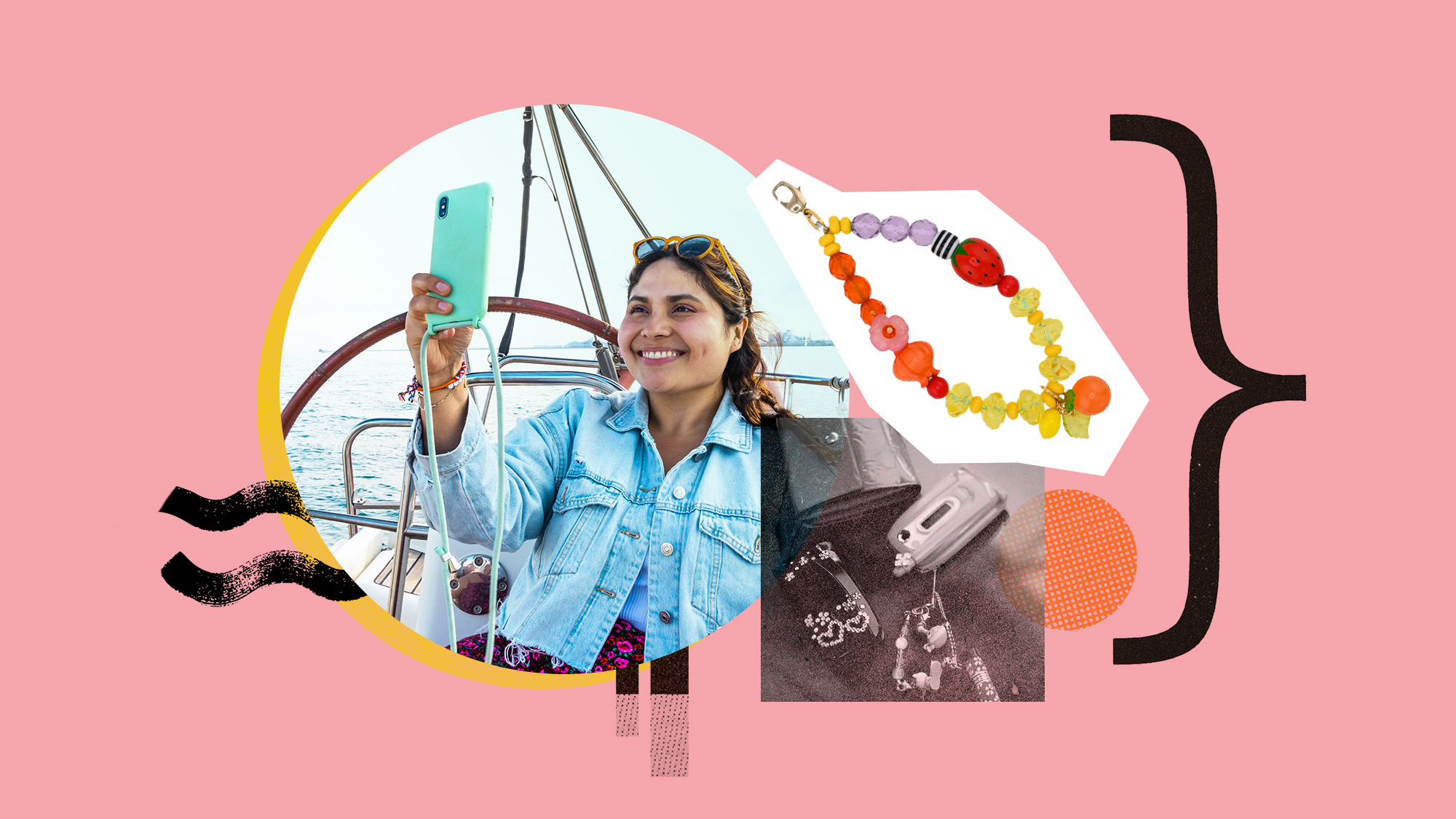 Photo collage of a woman with a phone in a case with a lanyard, a phone charm by Tarina Tarantino, and a retro style flip phone with charms attached