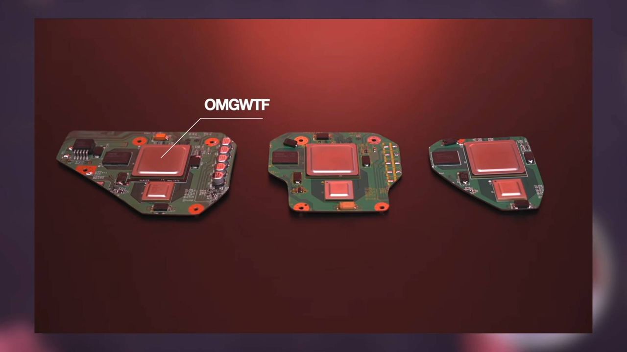 Three trimmed Wii motherboards with text above first that reads "OMGWTF"
