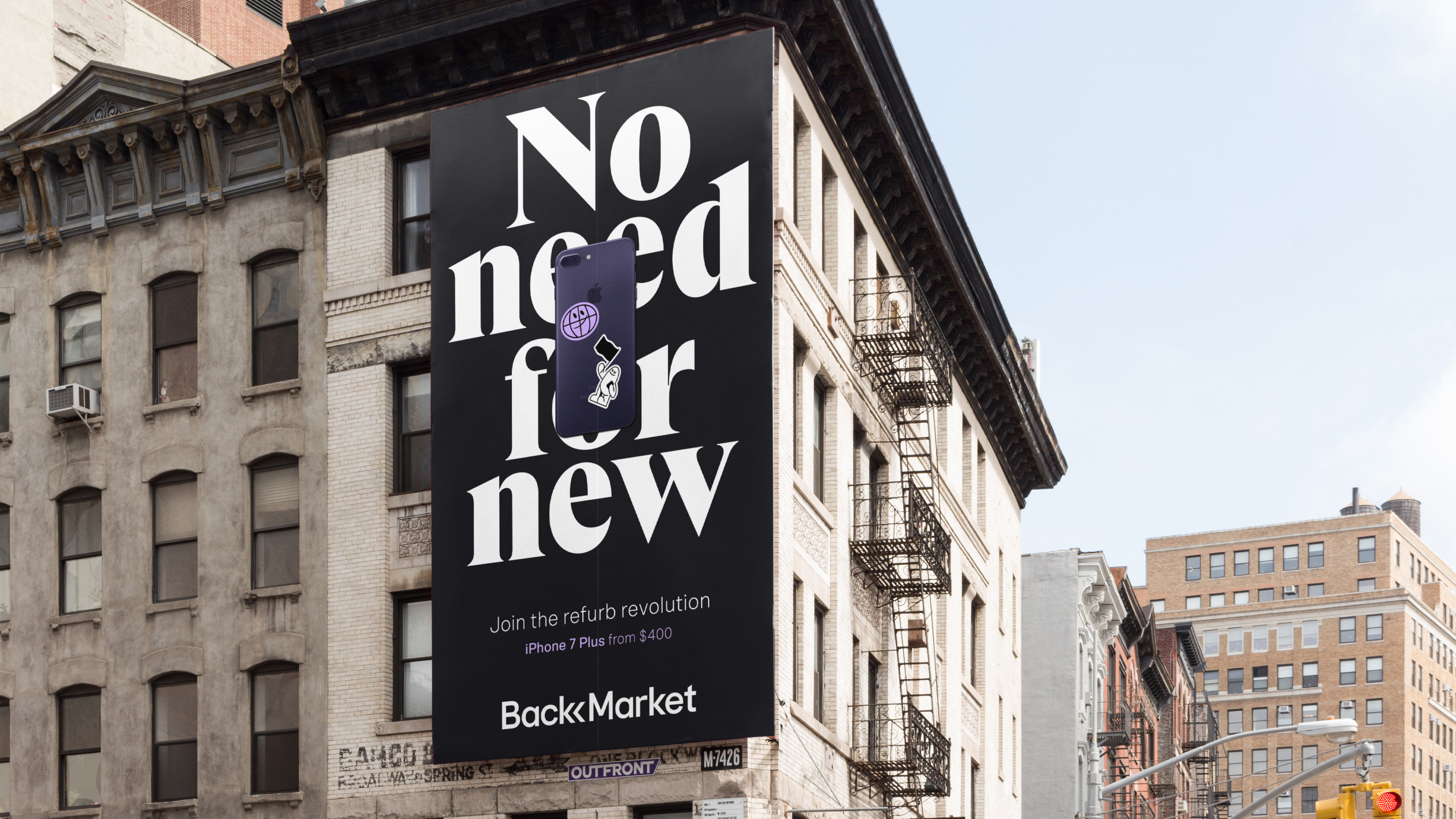 A Back Market advertisement that reads "No need for new" on the side of a building