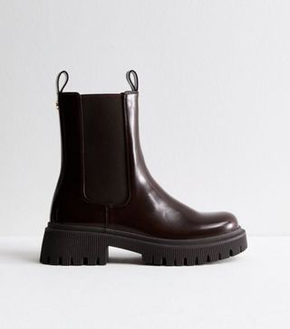 Brown Leather-Look Chunky Chelsea Ankle Boots