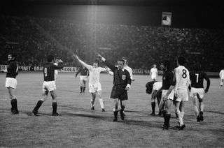 Leeds players protest a decision during their European Cup Winners' Cup final defeat to AC Milan in May 1973.