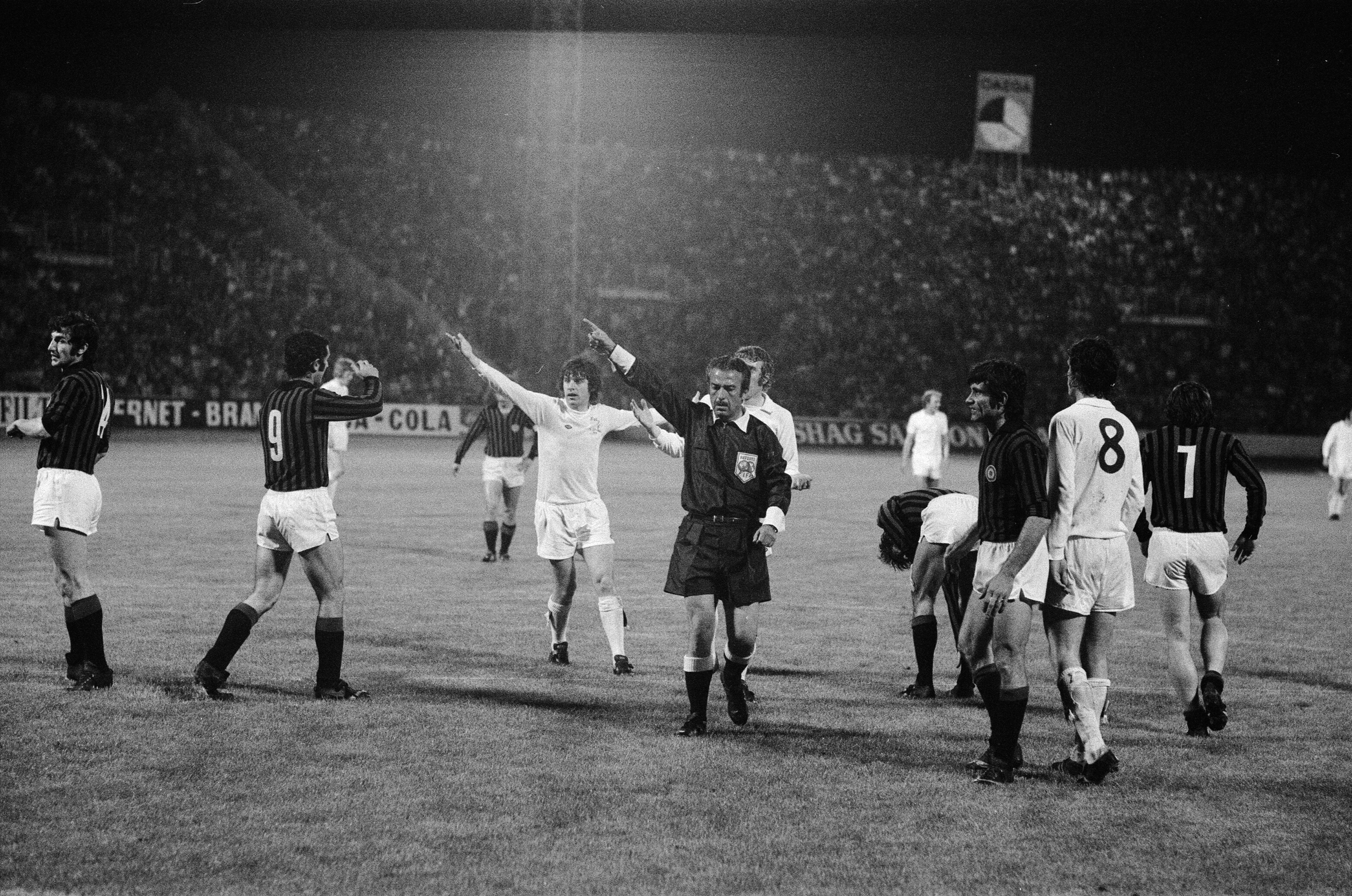 Leeds players protest a decision during their European Cup Winners' Cup final defeat to AC Milan in May 1973.