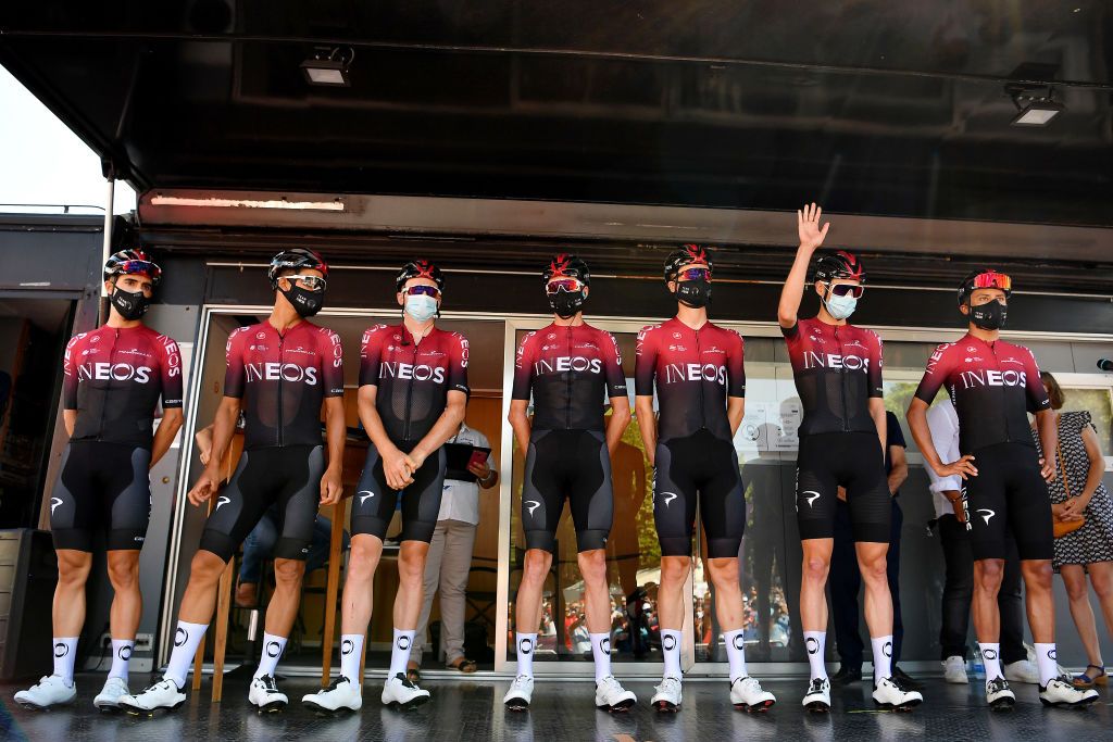 BEZIERS FRANCE AUGUST 01 Start Jonathan Castroviejo of Spain Andrey Amador Bikkazakova of Costa Rica Tao Geoghegan Hart of The United Kingdom Christopher Froome of The United Kingdom Dylan Van Baarle of The Netherlands Pavel Sivakov of Russia Egan Bernal of Colombia and Team Ineos Covid Safe measures Team Presentation during the 44th La Route dOccitanie La Depeche du Midi 2020 Stage 1 a 187km stage from Saint Affrique to Cazouls ls Bziers RouteOccitanie RDO2020 on August 01 2020 in Beziers France Photo by Justin SetterfieldGetty Images
