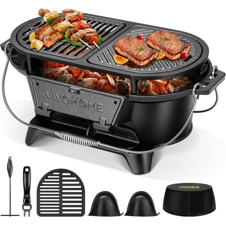 Oval Cast Iron Grill With Interchangeable Grates & Griddle