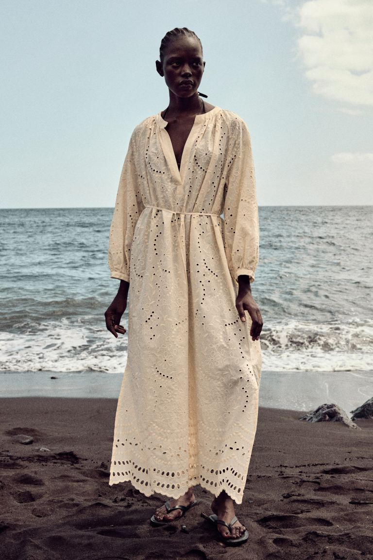 H&M Eyelet-Embroidered Dress With Tie Belt