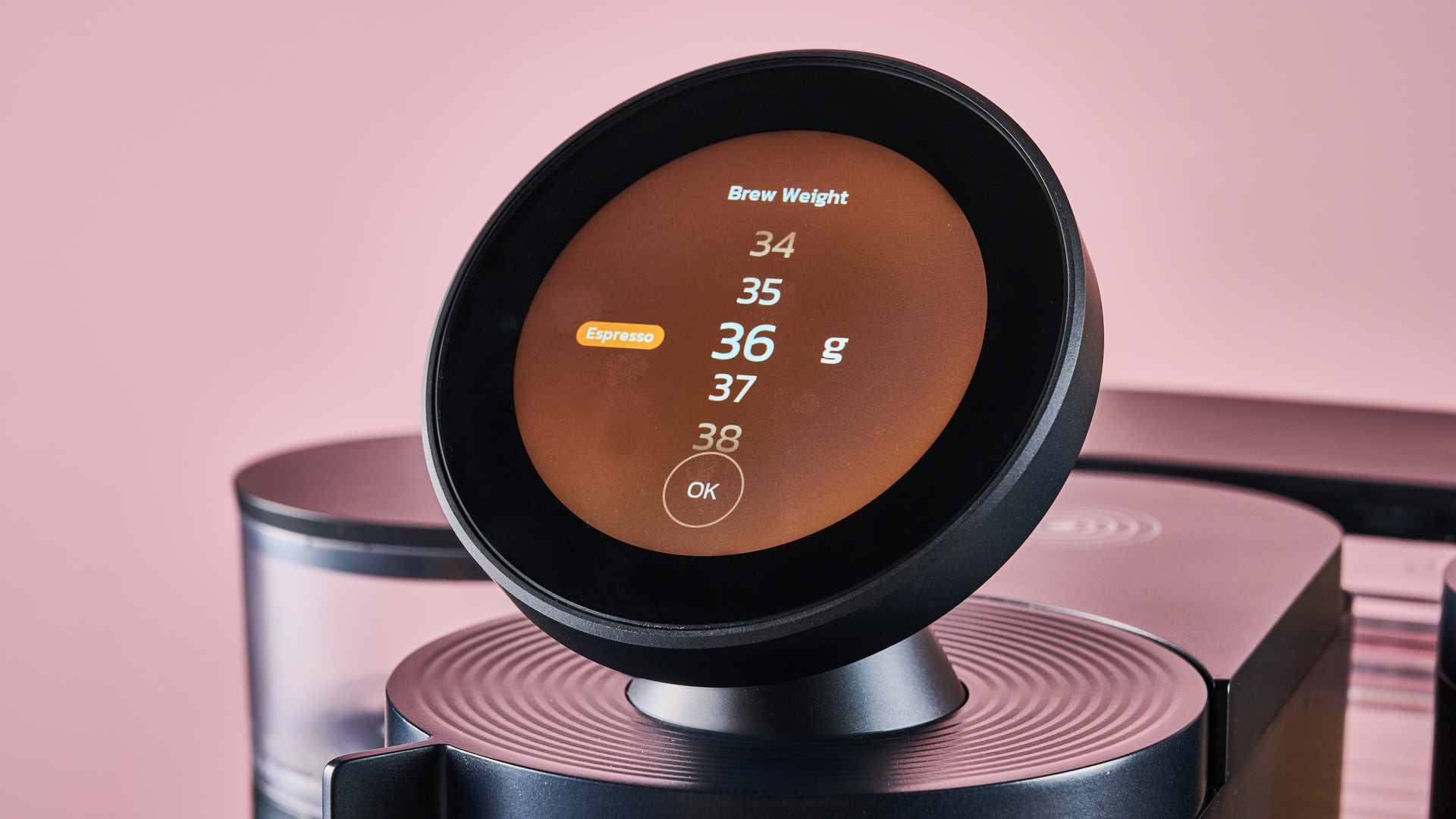 A closeup of the Meraki's touch screen, showing its brew weight settings &amp;mdash; it's currently set to 36g.