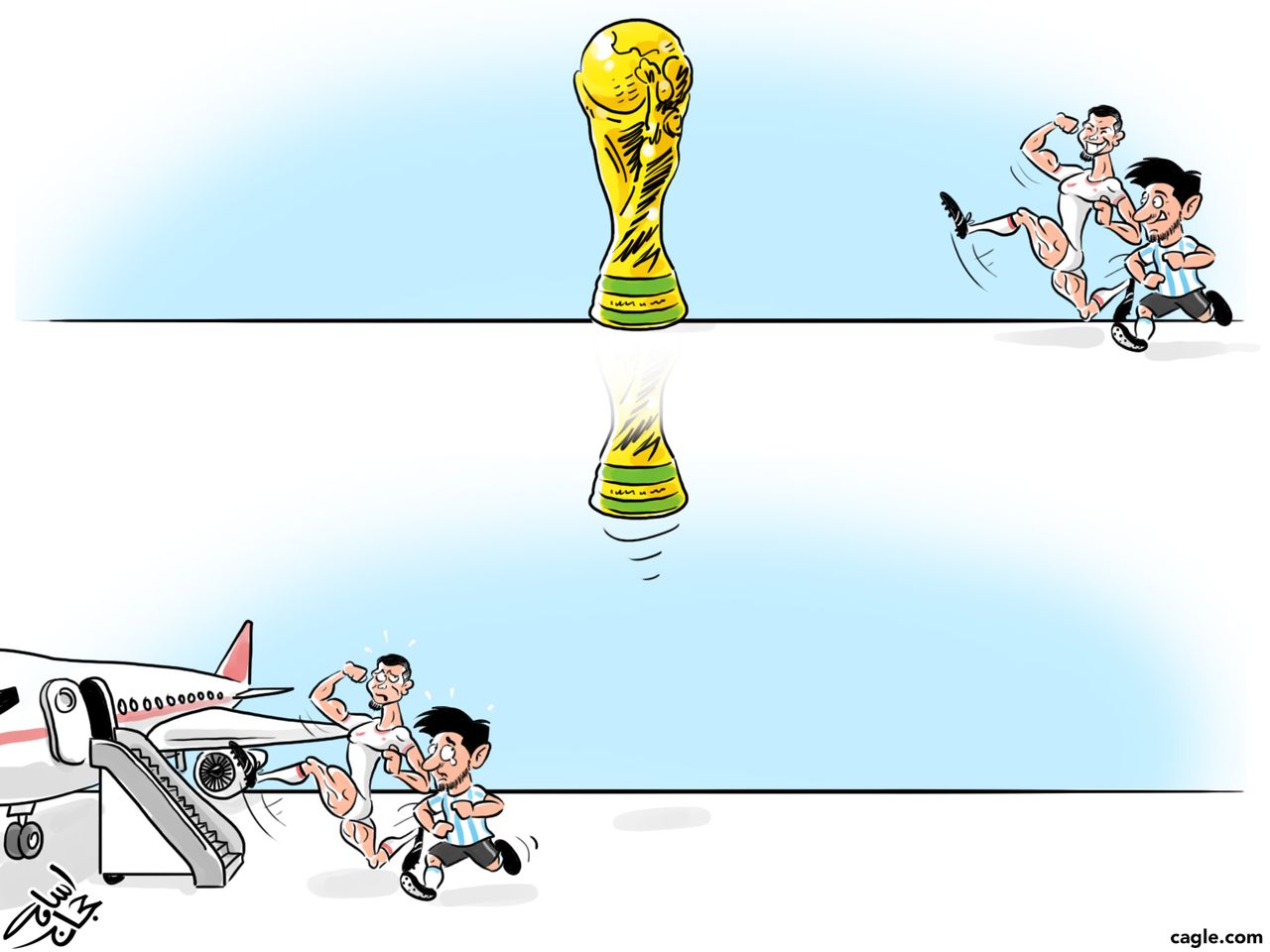 Editorial cartoon World soccer futbol Messi Ronaldo FIFA World Cup sports