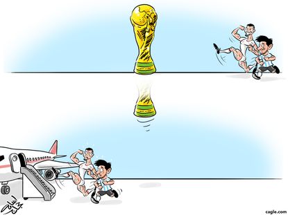 Editorial cartoon World soccer futbol Messi Ronaldo FIFA World Cup sports