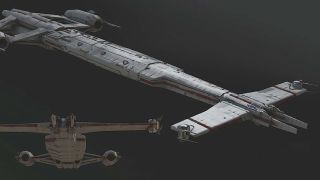Artwork of the Longbeam ship from the High Republic era of Star Wars showcasing front-on and side-on views of the ship
