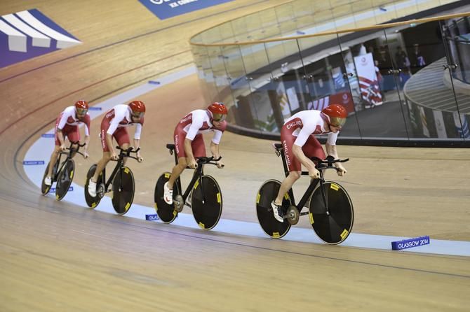 Men's team pursuit silver medalists from England: Bradley Wiggins, Steven Burke, Andy Tennant, Ed Clancy