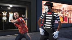Trevor from the game GTA 5 swinging a baseball bat at a mime