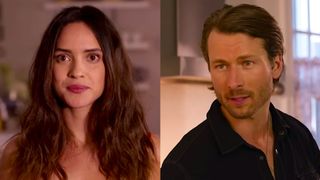 Adria Arjona, Glen Powell in Hit Man (side by side image) 