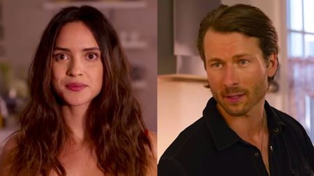 Adria Arjona, Glen Powell in Hit Man (side by side image) 