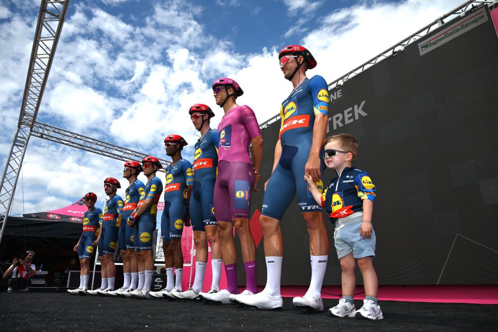 RICCIONE ITALY MAY 17 A general view of Jonathan Milan of Italy Purple Points Jersey Andrea Bagioli of Italy Simone Consonni of Italy Amanuel Ghebreigzabhier of Eritrea Daan Hoole of Netherlands Juan Pedro Lopez of Spain Jasper Stuyven of Belgium Edward Theuns of Belgium and his son Scott Theuns and Team Lidl Trek prior to the 107th Giro dItalia 2024 Stage 13 a 179km stage from Riccione to Cento UCIWT on May 17 2024 in Riccione Italy Photo by Dario BelingheriGetty Images