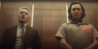 Owen Wilson and Tom Hiddleston have an elevator chat in Loki.