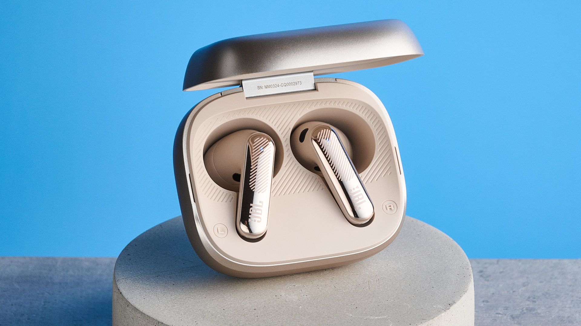 JBL Live Flex 4 earbuds in sand