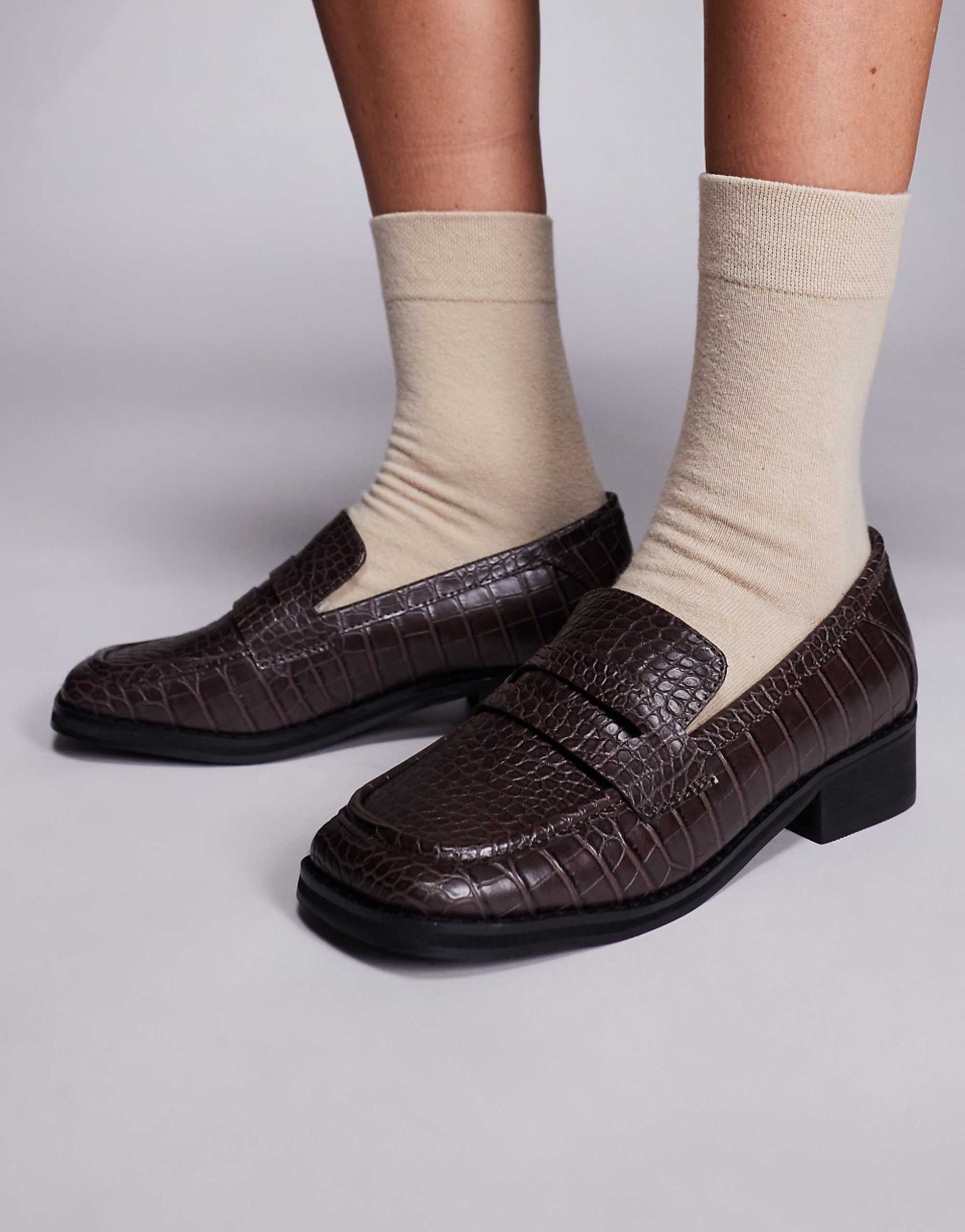 Public Desire Wide Fit Decaf Loafers in Brown Croc