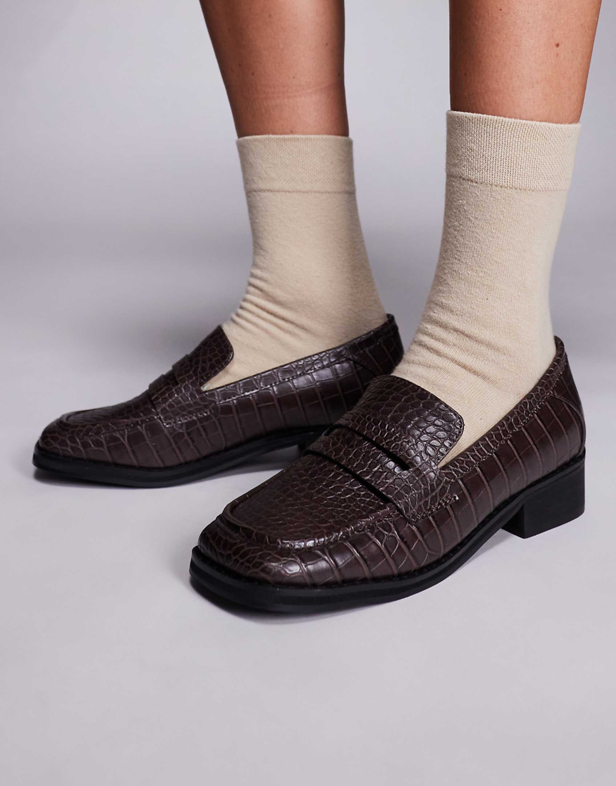Public Desire Wide Fit Decaf Loafers in Brown Croc