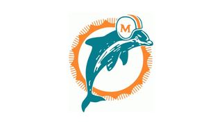Miami Dolphins logo from 1974, depicting a leaping dolphin wearing a football helmet in front of a sun shape.