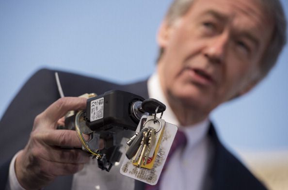 Sen. Edward Markey (D-Mass.) holds up a faulty General Motors ignition switch during a press conference. 