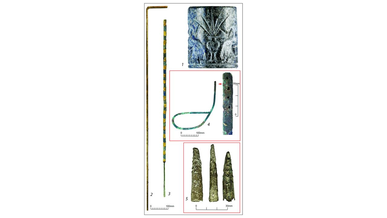Drinking tubes and tip strainers: 1) depiction of shared drinking from the Royal Cemetery at Ur; 2&ndash;3) from Ur; 4) from Tell Asmar; 5) from Chagar Bazar.