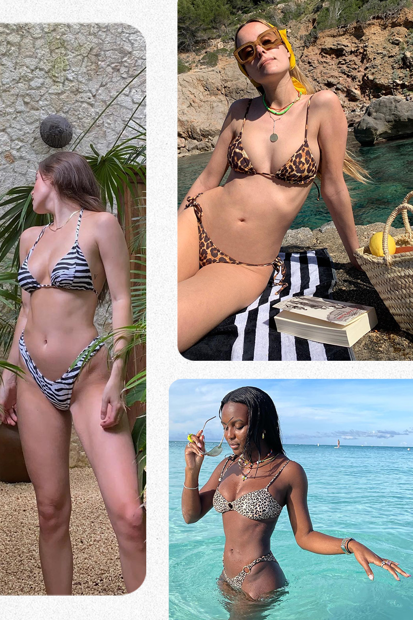 A collage of a woman wearing a zebra-print bikini, a woman wearing a leopard-print bikini with layered necklaces, brown sunglasses, and a yellow bandana, and a woman wearing a leopard print bikini and sunglasses.