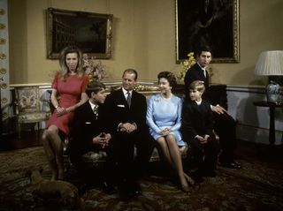 The royal family at Buckingham Palace, London, 1972. Left to right: Princess Anne, Prince Andrew, Prince Philip, Queen Elizabeth, Prince Edward and Prince Charles