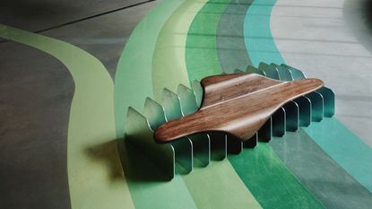 galvanised steel and timber bench on coloured striped floor