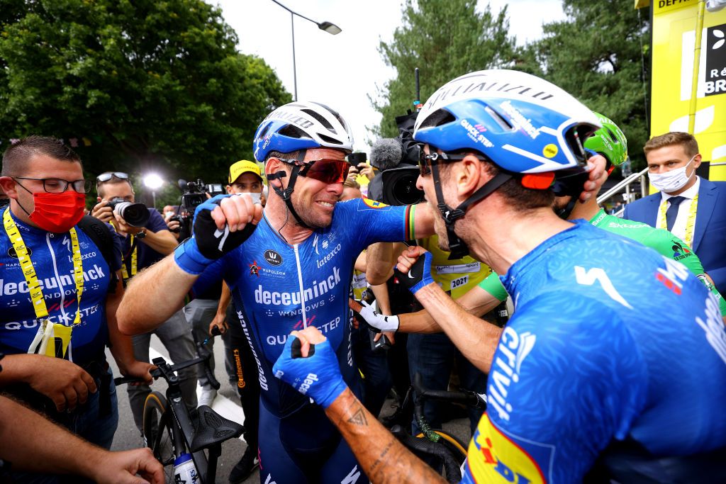 FOUGERES FRANCE JUNE 29 Mark Cavendish of The United Kingdom stage winner celebrates at arrival Mattia Cattaneo of Italy Julian Alaphilippe of France and Team Deceuninck QuickStep Green Points Jersey during the 108th Tour de France 2021 Stage 4 a 1504km stage from Redon to Fougres LeTour TDF2021 on June 29 2021 in Fougeres France Photo by Tim de WaeleGetty Images