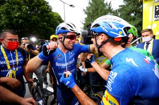 FOUGERES FRANCE JUNE 29 Mark Cavendish of The United Kingdom stage winner celebrates at arrival Mattia Cattaneo of Italy Julian Alaphilippe of France and Team Deceuninck QuickStep Green Points Jersey during the 108th Tour de France 2021 Stage 4 a 1504km stage from Redon to Fougres LeTour TDF2021 on June 29 2021 in Fougeres France Photo by Tim de WaeleGetty Images