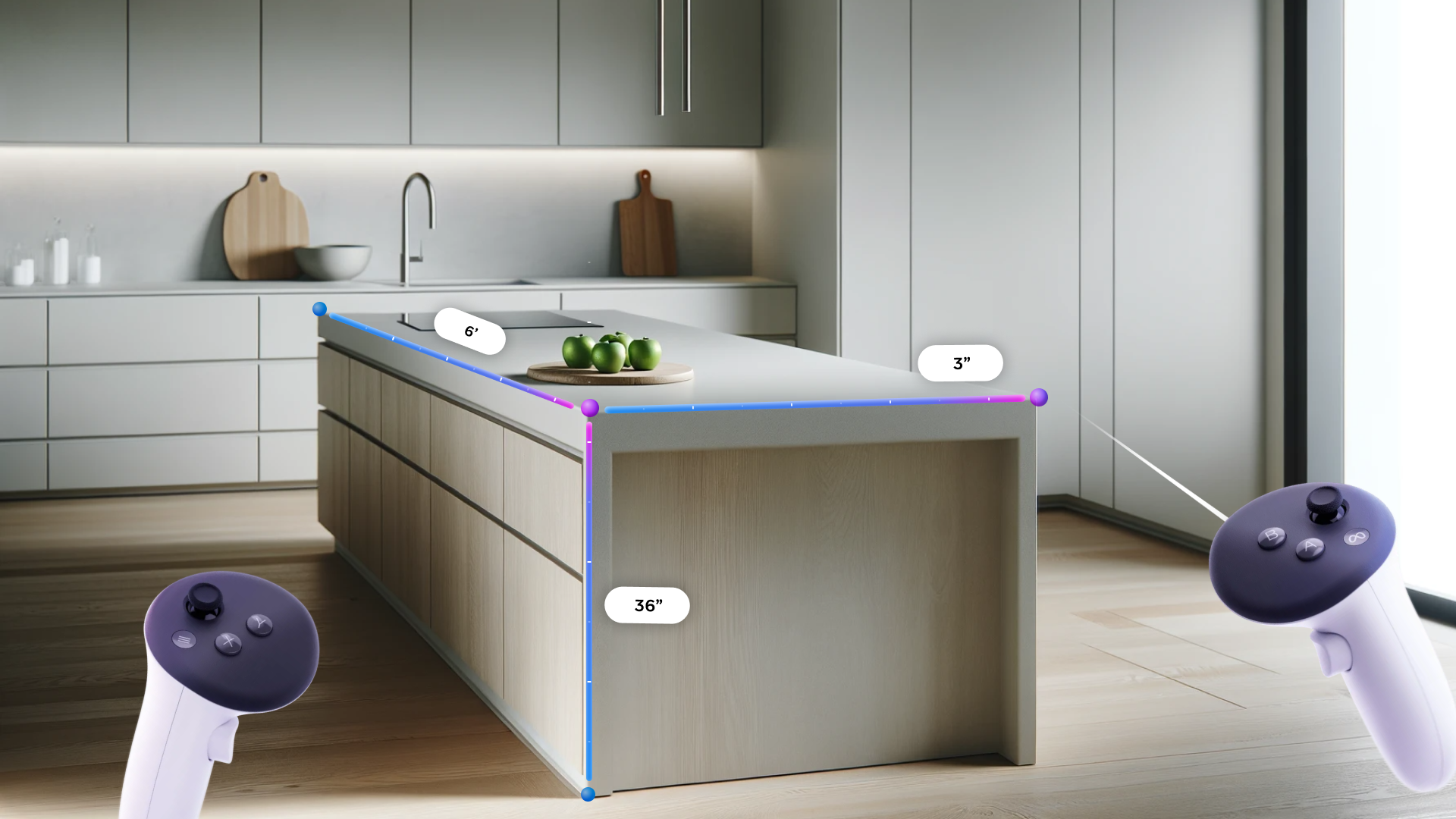 A person measuring their kitchen island using a Meta Quest 3