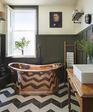 Glossy bathroom with large brassy bath tub