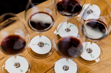 A flight of red wines about to be tasted bind for the Rioja Report 2026