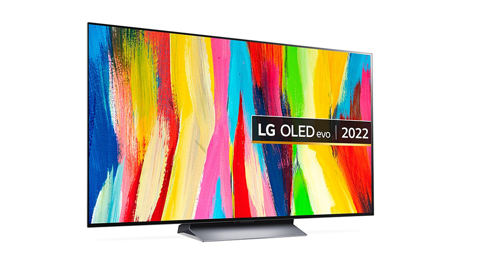 The LG C2 OLED TV showing a multi-coloured image.