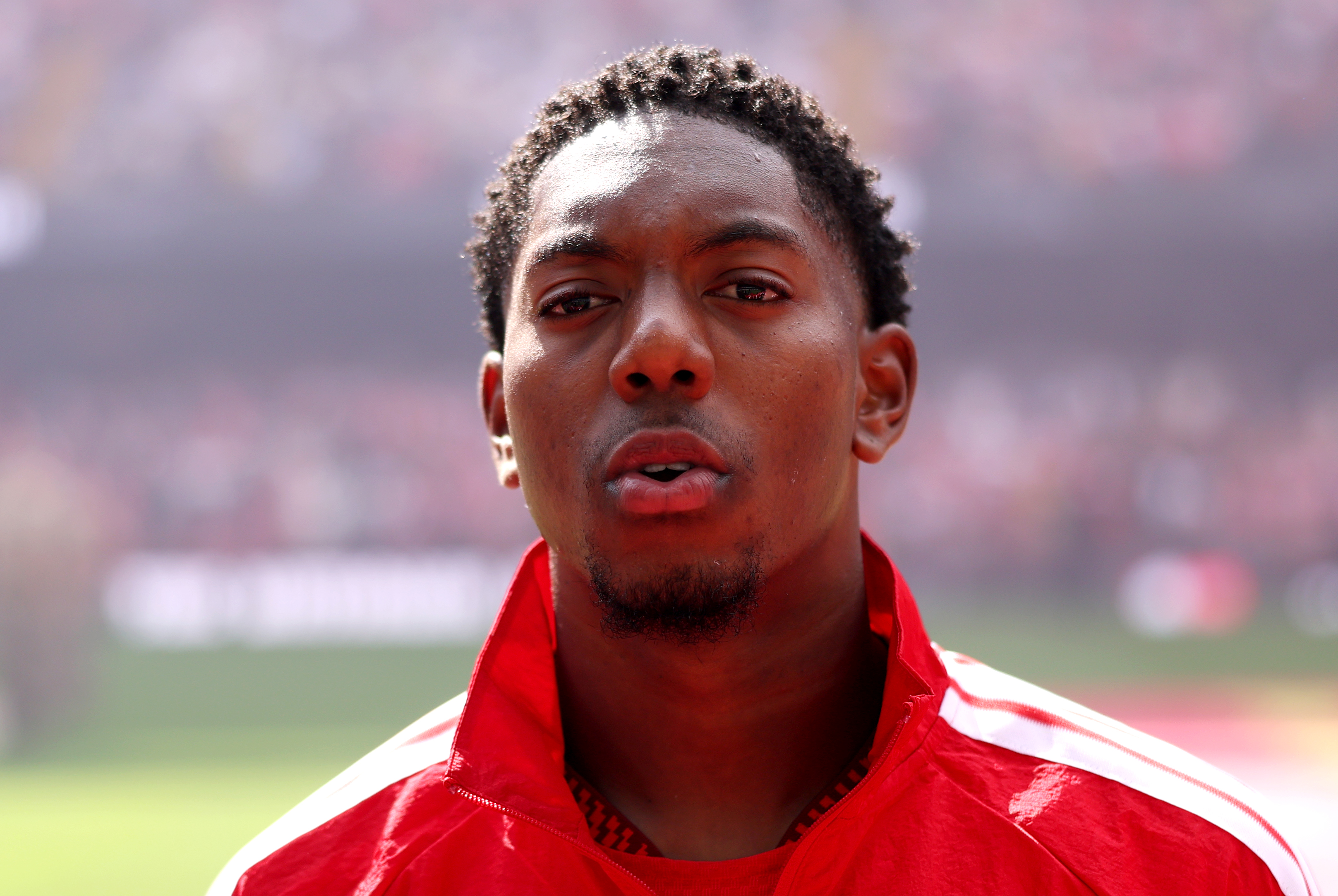 CARDIFF, WALES - AUGUST 16: Myles Lewis-Skelly of Arsenal looks on while lined up on the pitch prior to the 2026 FA Community Shield match between Arsenal and Manchester City at Principality Stadium on August 16, 2026 in Cardiff, Wales. (Photo by Alex Pantling - The FA/The FA via Getty Images)