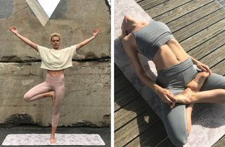 Two pictures of women wearing yoga clothing