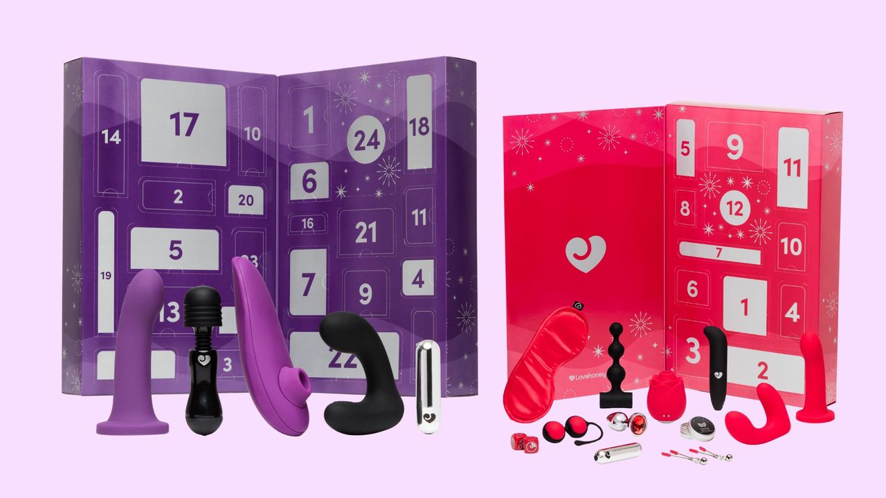 Two Lovehoney advent calendar 2023 with selection of products sitting in front of the boxes