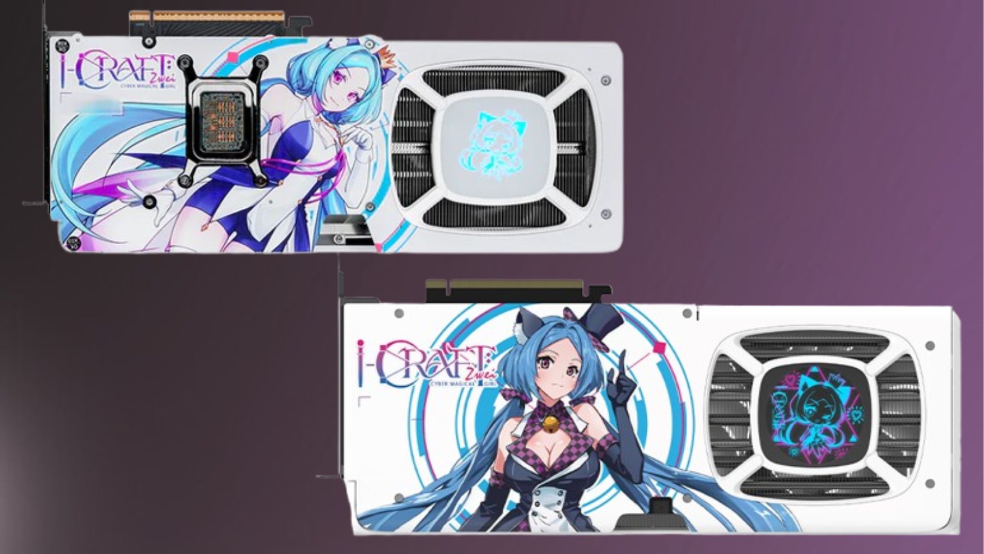 Maxsun iCraft OC 12G Aiga GPUs side by side on a gradient background