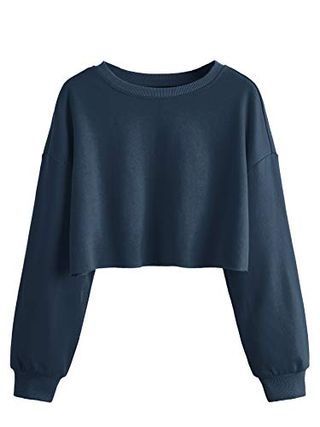 Sweatyrocks Women's Casual Long Sleeve Pullover Crop Tops Sweatshirts Navy Blue S