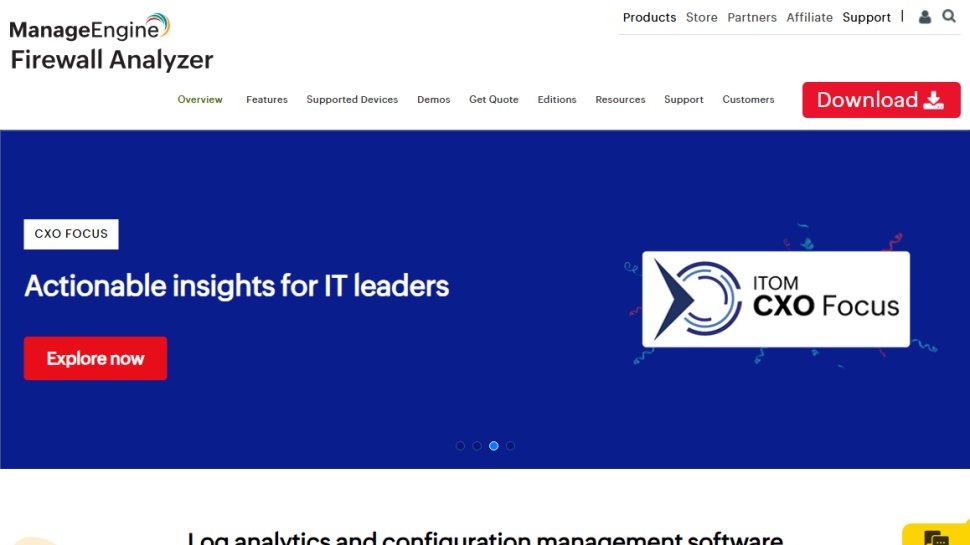 Website screenshot of ManageEngine Firewall Analyzer (August, 2025)