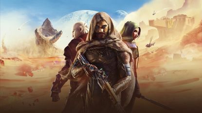 Key art for Dune Awakening showing the major characters in front of sand dunes, military bases, and a sand worm