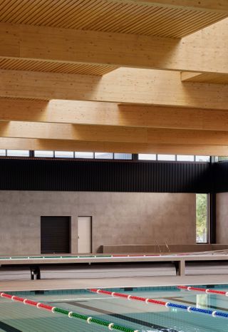 Northcote Aquatic Recreation Centre interior of swimming pool with timber roof