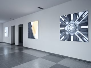 Images on white wall at Polestar Design Studio, Sweden