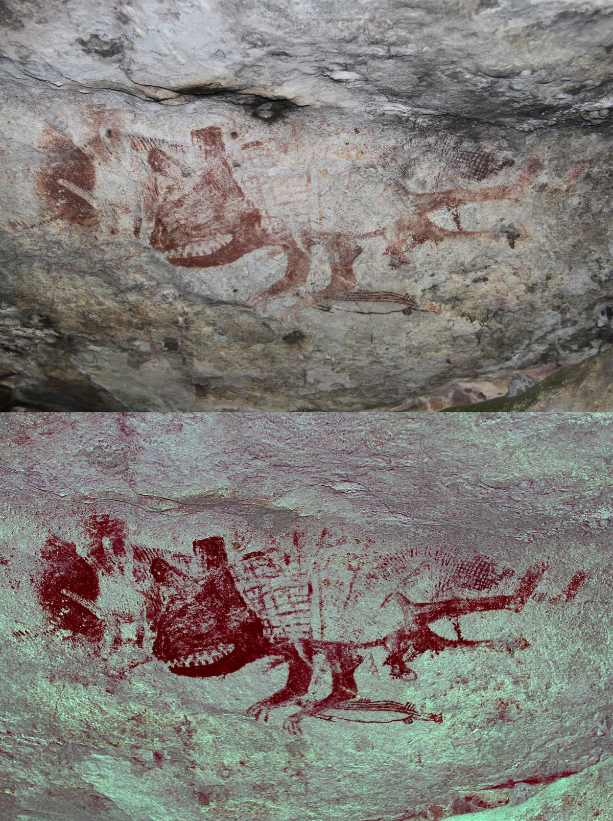 Two images show a red-tinted drawing of a four-legged creature with a large mouth and pointy teeth. The bottom image has a greenish hue, making the drawing more prominent against the gray rock face