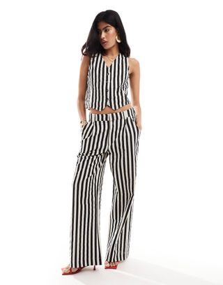 Asos Design Wide Leg Dad Trousers With Linen in Mono Stripe Co-Ord