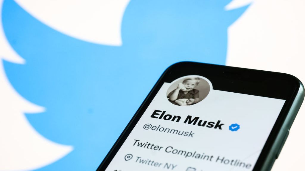 A phone showing Elon Musk&amp;#039;s Twitter bio, which reads &amp;quot;Twitter Complaint Hotline&amp;quot;, with the Twitter logo (a blue bird) in the background