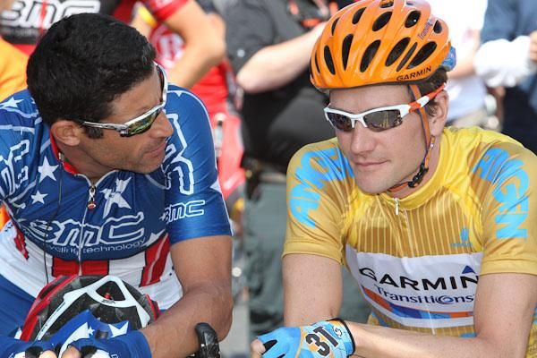George Hincapie (BMC) and general classification leader Dave Zabriskie (Garmin-Transitions) share a thought in Visalia.